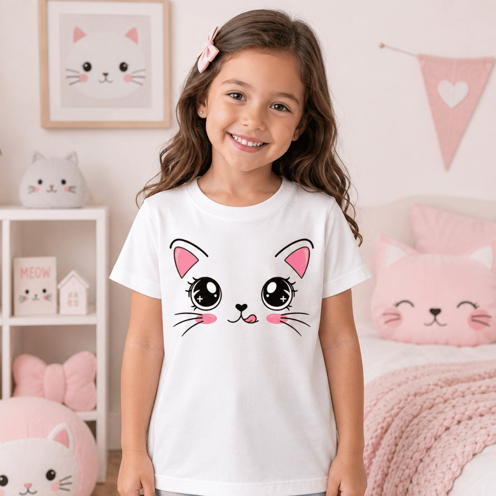 Camiseta Infantil Gatinho Kawaii Rosa Fofo Cute Carinha de Gato Estampada Casual 100% Algodão