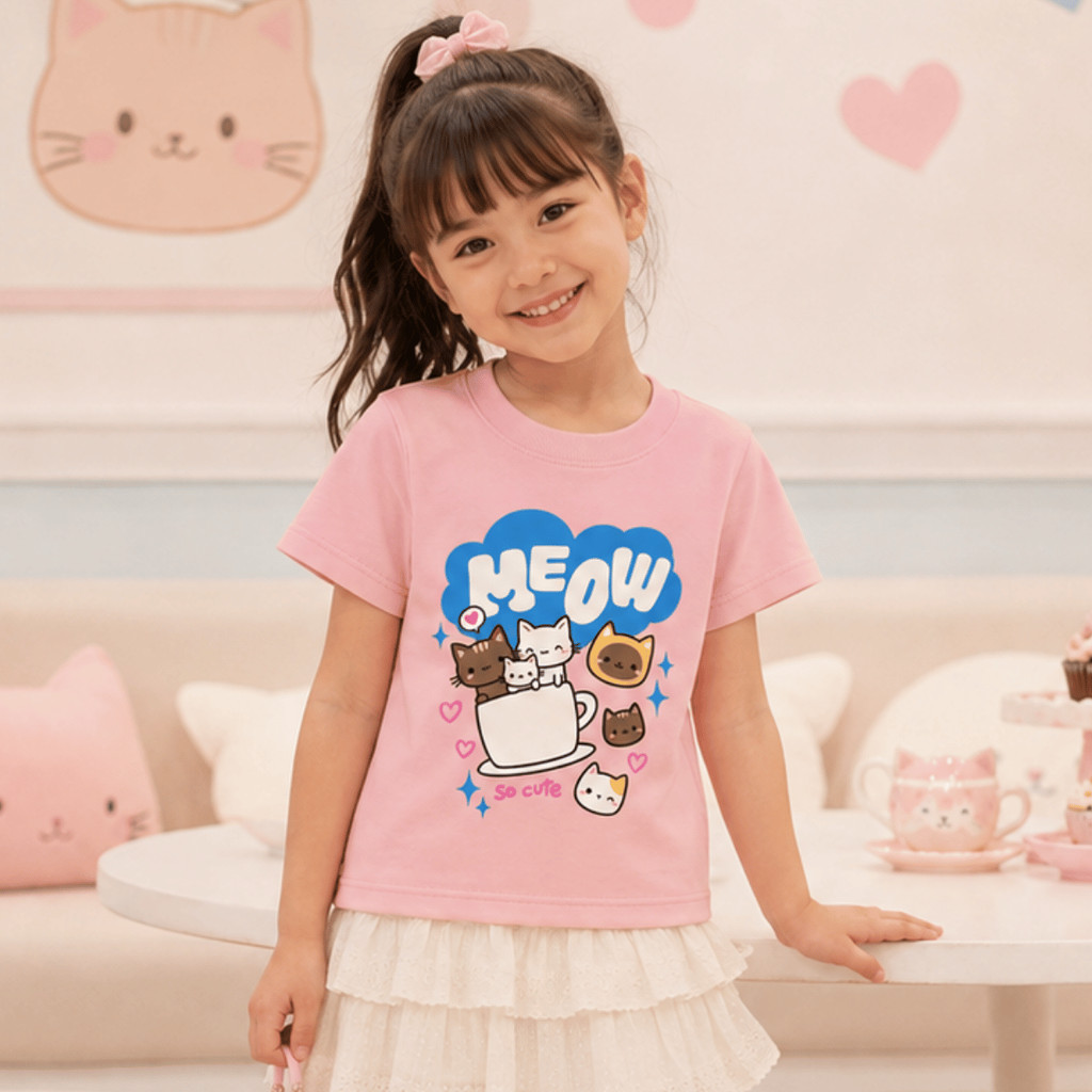 Camiseta Infantil Gatinhos Fofo Cute Meow Xícara Coração Desenho Kawaii Aesthetic 100% Algodão