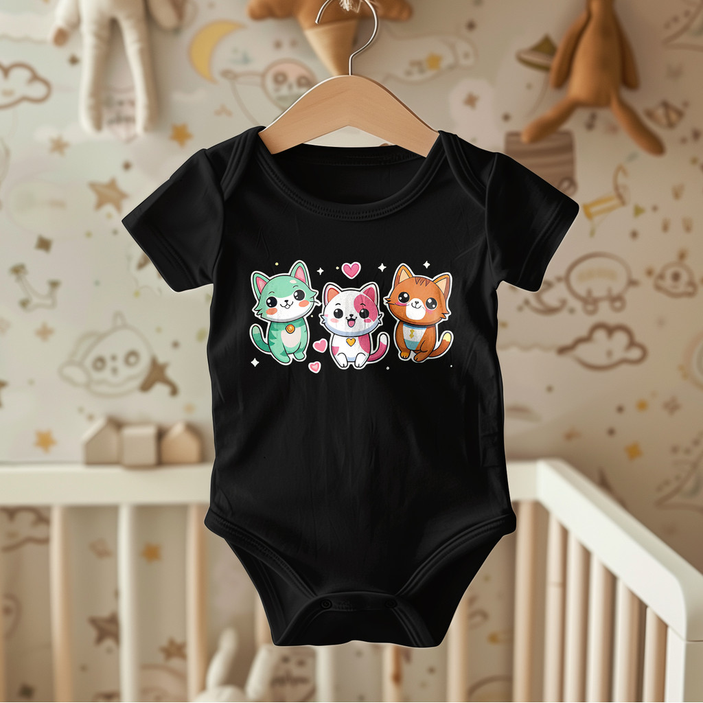 Body Infantil Gatinho Triplo | Estampa Fofa com Corações Arte Cute com Personagens Adoráveis