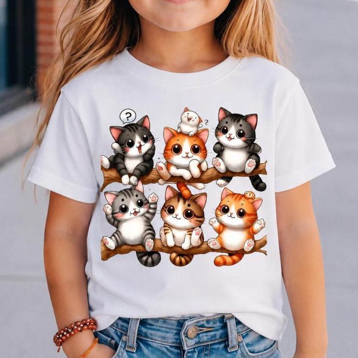 Camiseta Infantil Gatinhos Fofos – Estampa Cute Kawaii | 100% Algodão | Menina | Tamanhos 2 ao 14 Anos