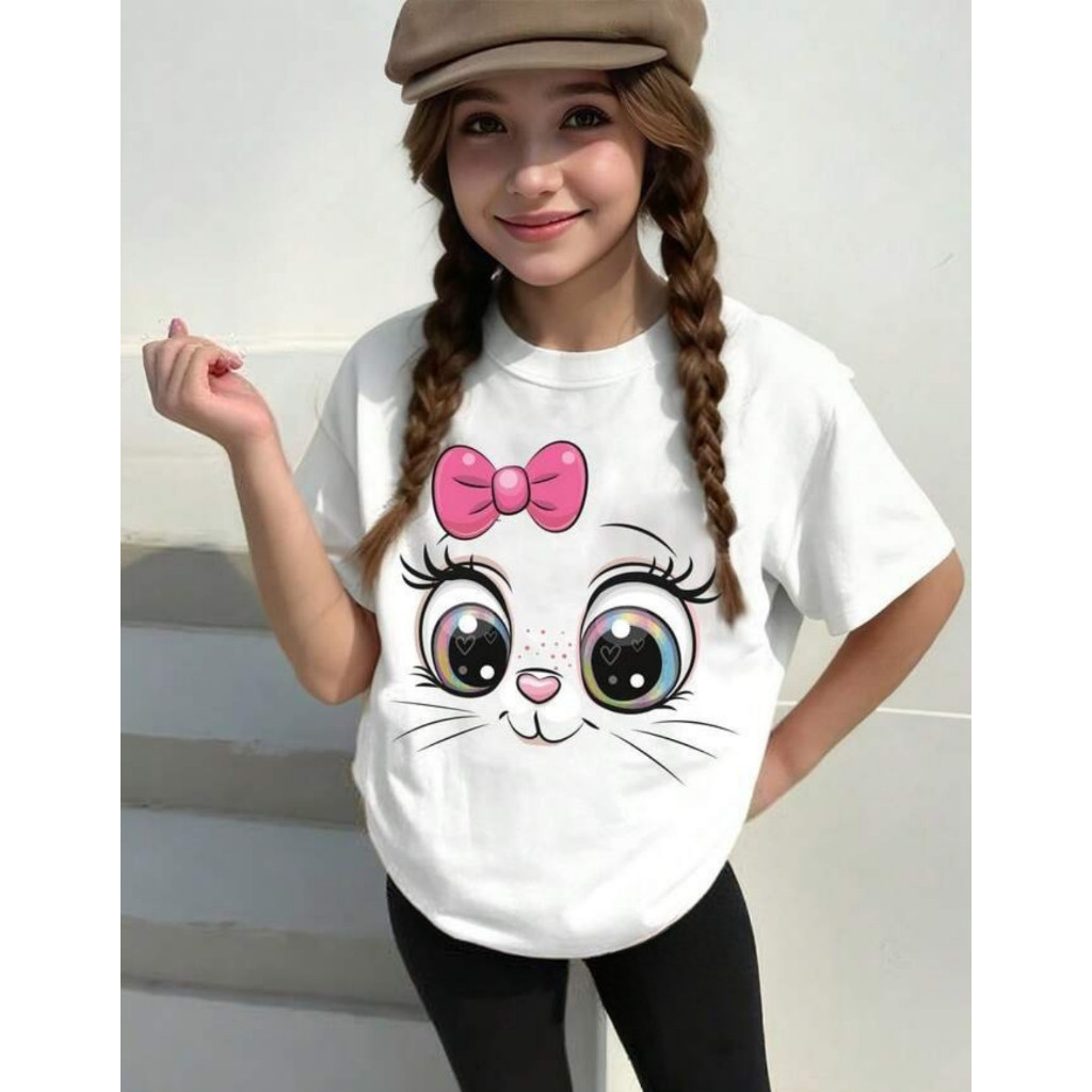 Camiseta Infantil Estampada Cute Algodão Manga Curta Gatinho Menina Divertida Blusinha Kids