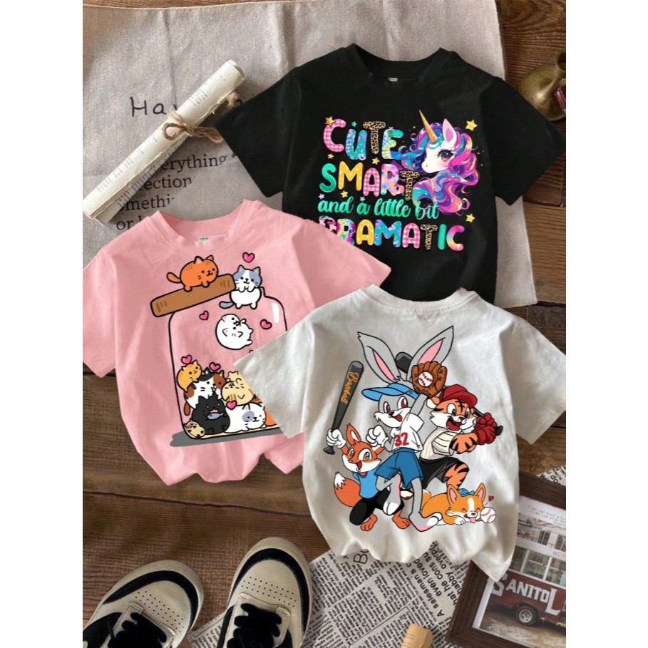 Kit 3 Camisetas Infantis Femininas Personagens Coloridas Tshirt Streetwear Cute Unicórnio Gatinhos e Estampas Fofas