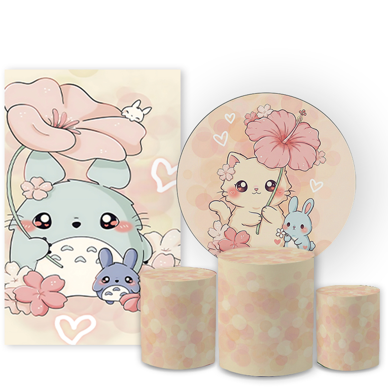 Capa Painel Redondo 1.50m  +  Trio Cilindro Kit Festa Infantil Gatinho Cute Animalzinhos Veste Facil