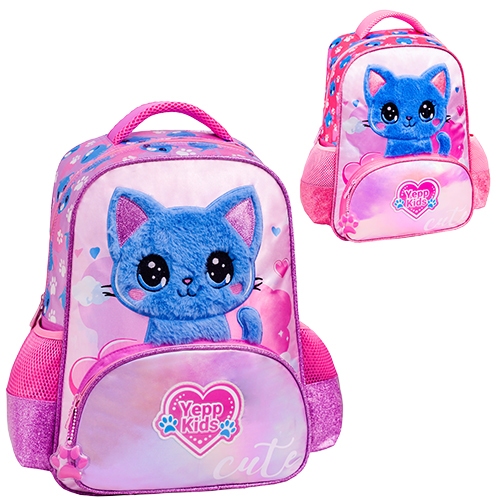 Mochila Escolar Grande Infantil Gatinho Gata Gato 3D Pelucia Cute Meninas