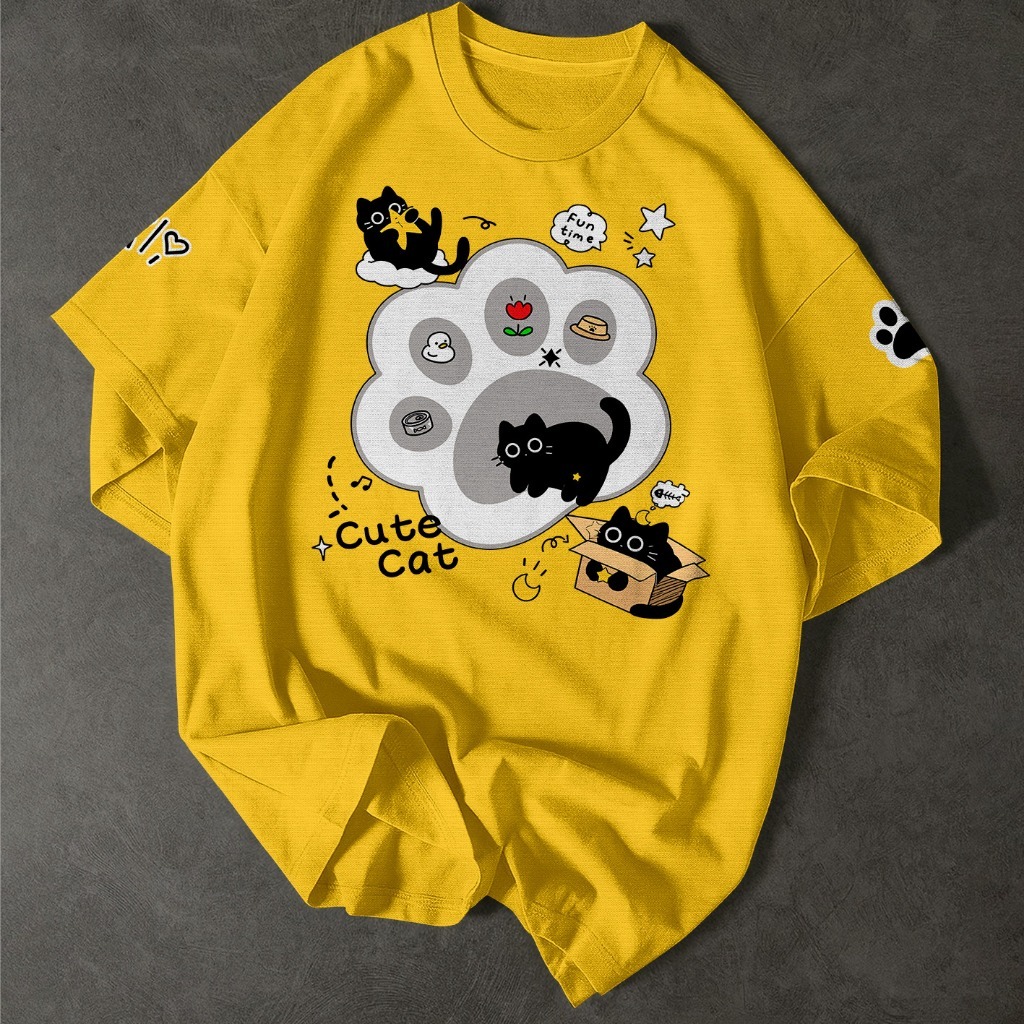 Camiseta Adulto e Infantil Cute Cat Gatinho Preto Fofo Estampada Kawaii Casual