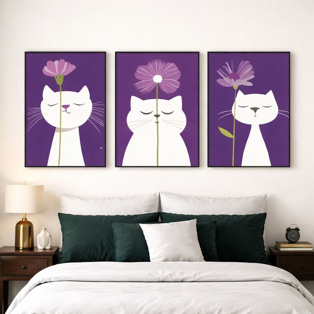 Kit 3 Quadros Gatinho Fofo Infantil Roxo Decorativo Cute