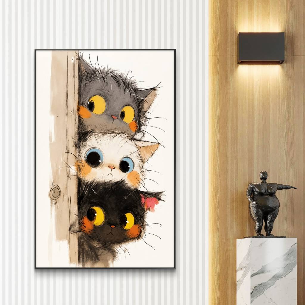 Quadro Decorativo MDF 110x70 Gatinhos Fofos Olhos Grandes Arte Infantil Cute