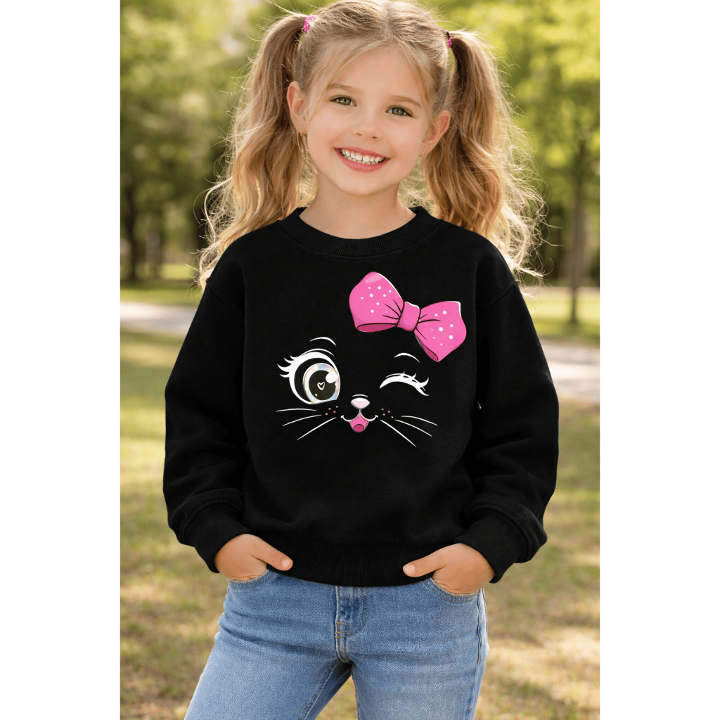 Moletom Infantil Gatinha com Lacinho Fofo Cute Estampa Delicada Moda Kids Inverno Algodão