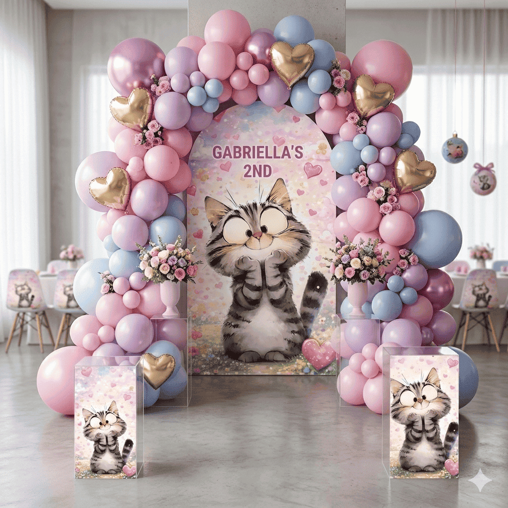 Capa Painel Romano e Painel Retangular Gatinho Cute Fundo Decoração Festa Infantil Gatinho