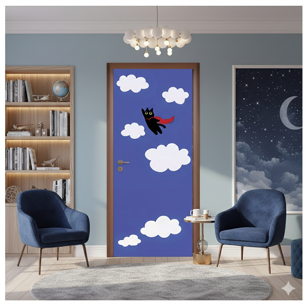 Capa Porta Tema Gatinho no Céu Para Quarto Infantil Decoração Delicada Estilo Cute Alta Durabilidade