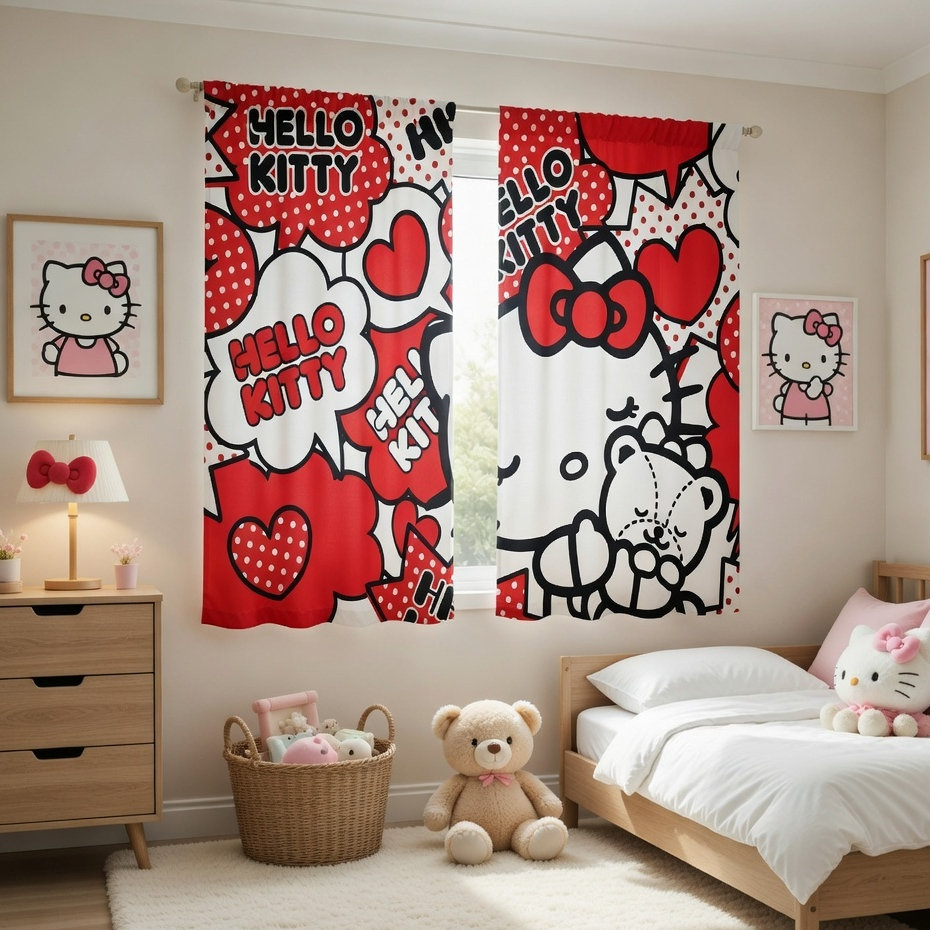 Cortina Quarto Infantil 2,00 x 1,50 Estampada Sublimada Hlo Kitty Gatinha Cute Lançamento