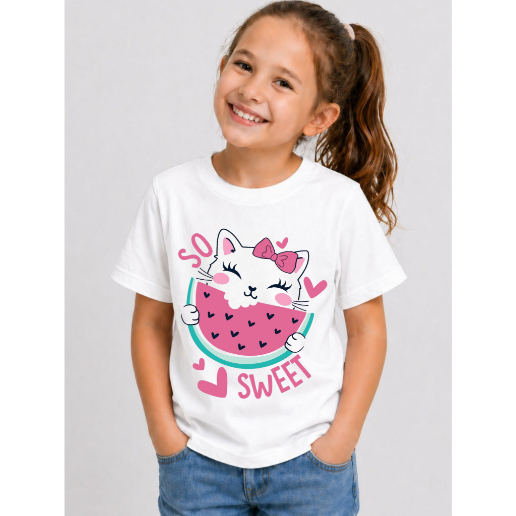 Camiseta 100% Algodão Infantil Menina Estampa Gatinha Sweet Fofa Cute Dia a Dia Verão