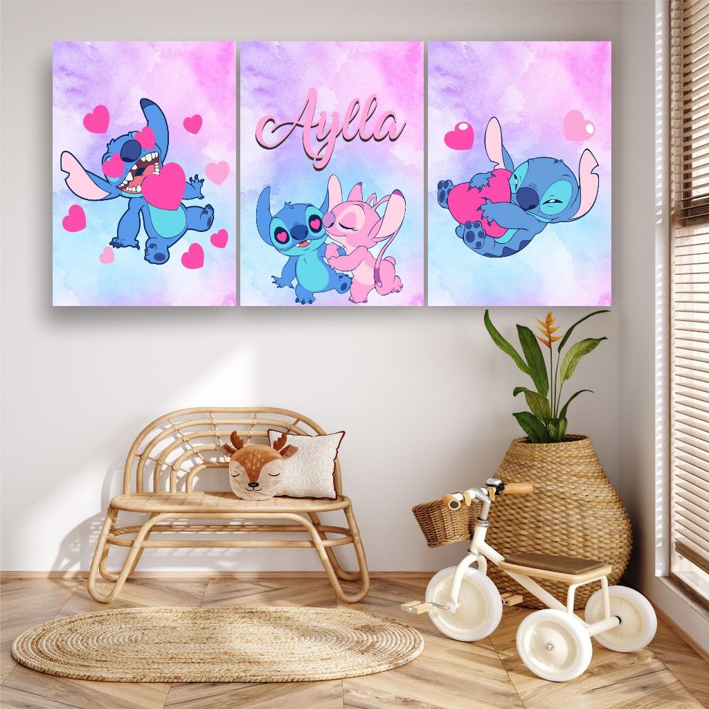 KIT 3 QUADROS STITCH COM NOME PERSONALIZADO - DECORAÇÃO STITCH - MEDIDA 20X30 CADA