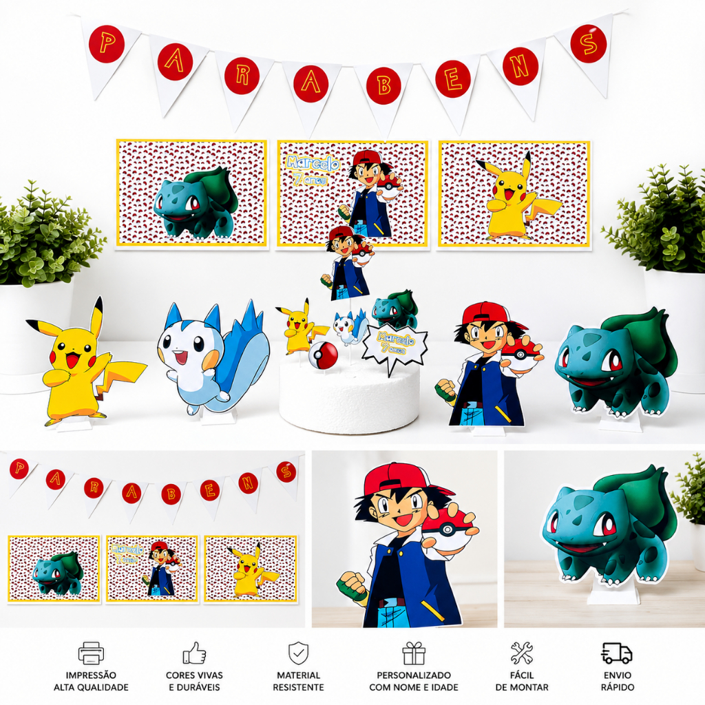 ENVIO RÁPIDO KIT Bolinho Pokémon Realista • Festa Pokémon • Topo de Bolo + Displays • Papelaria Personalizada Decoração