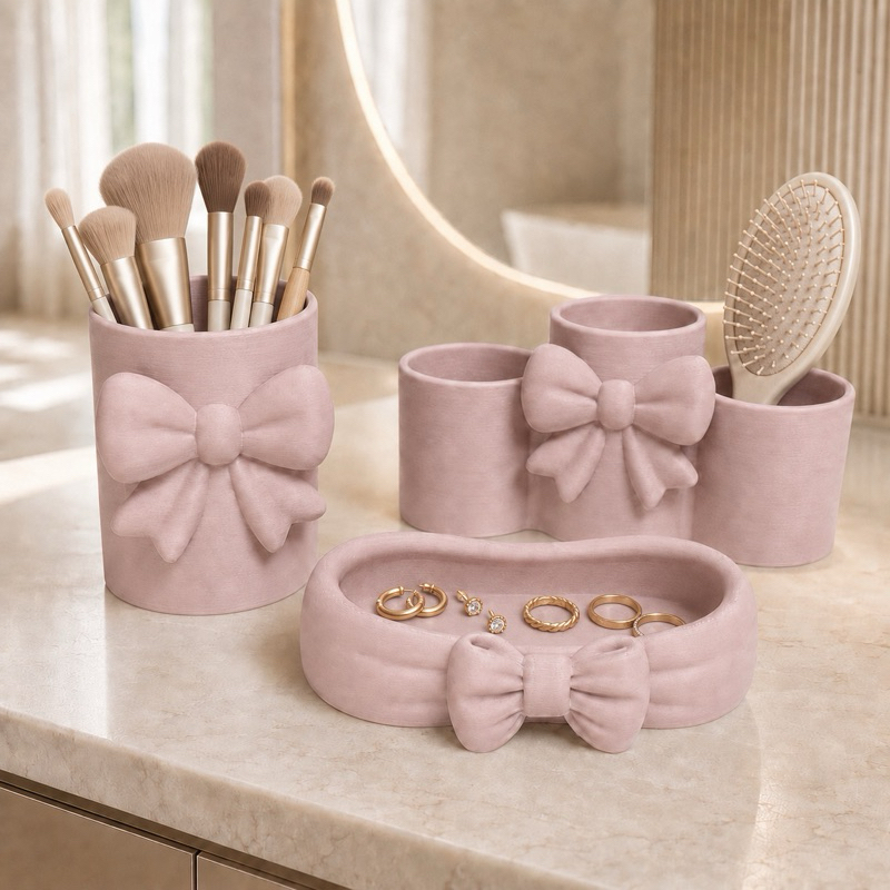 Kit Organizador de Maquiagem com Laços 3 Peças – Porta-Pincéis, Porta-Escova e Bandeja para Joias