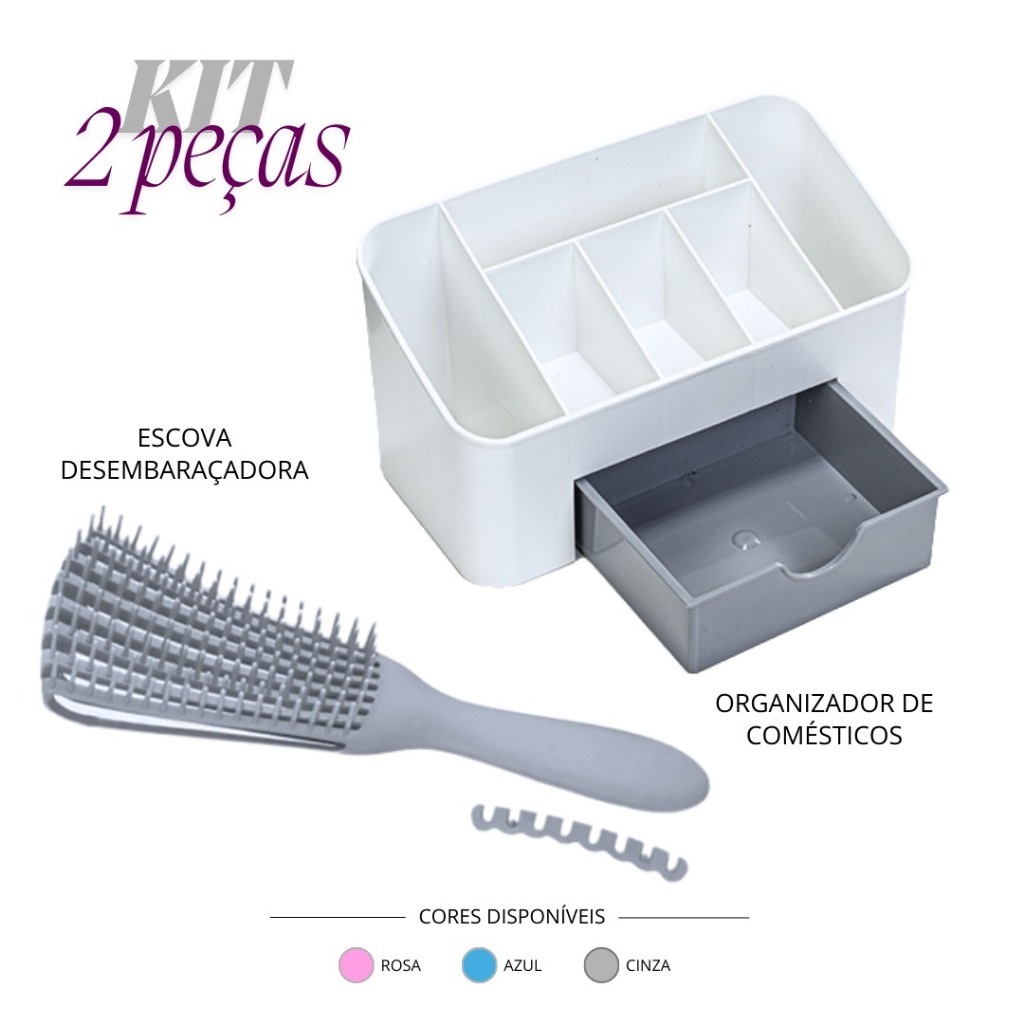 Kit 2 Peças Organizador de Cosméticos com Gaveta + Escova Desembaraçadora Anti Frizz Prático Cabelo