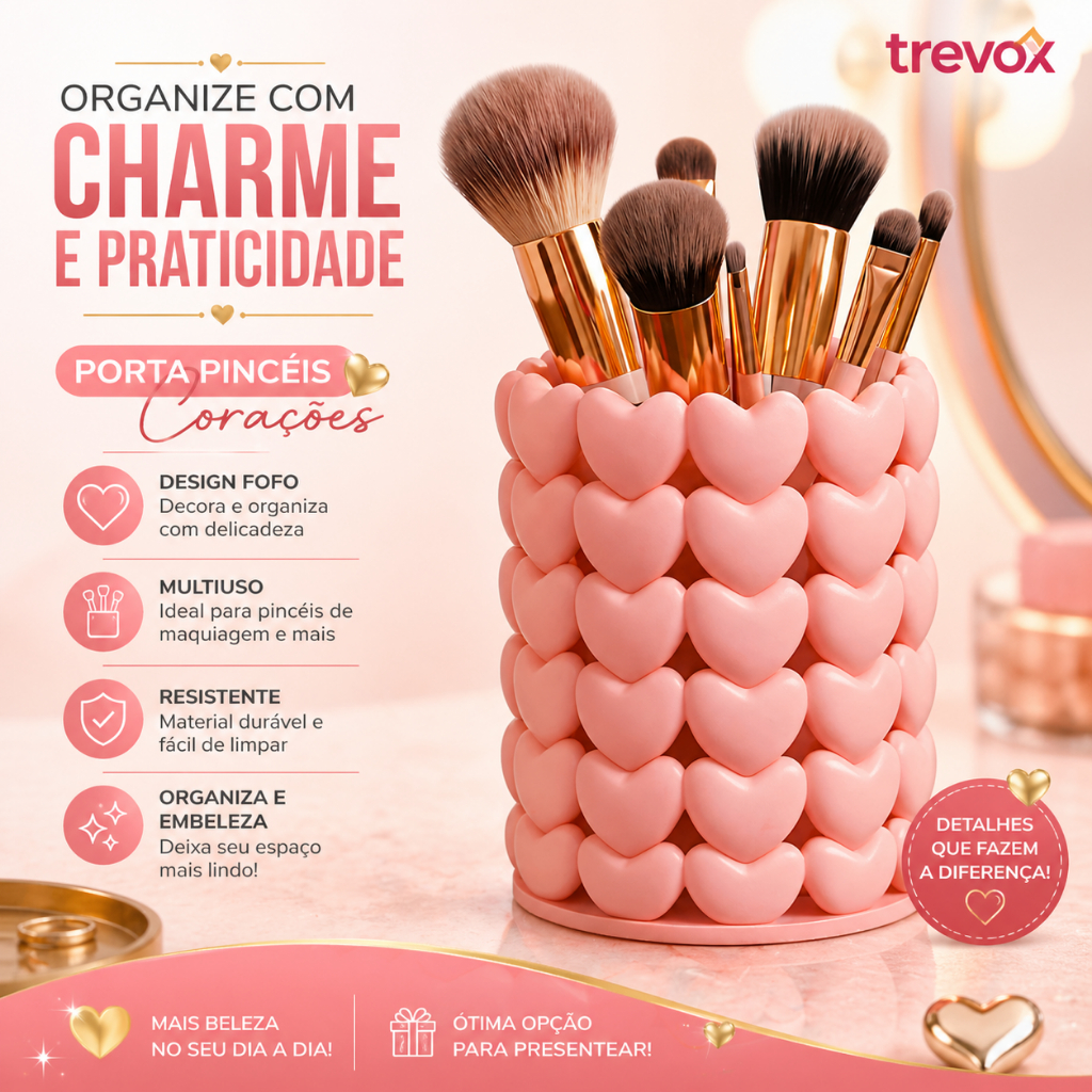 Porta Pincéis Maquiagem Corações Organizador de Pincéis Porta Escovas Decorativo Rosa Mesa Penteadeira