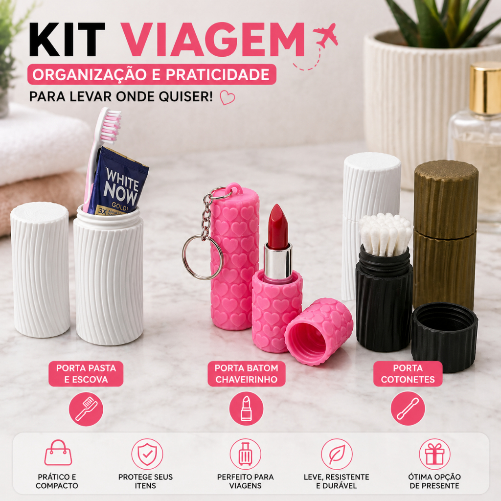 Kit Viagem 3 Peças Porta Escova Pasta Porta Batom Chaveiro Porta Cotonete Organizador Necessaire  organizador maquiagem