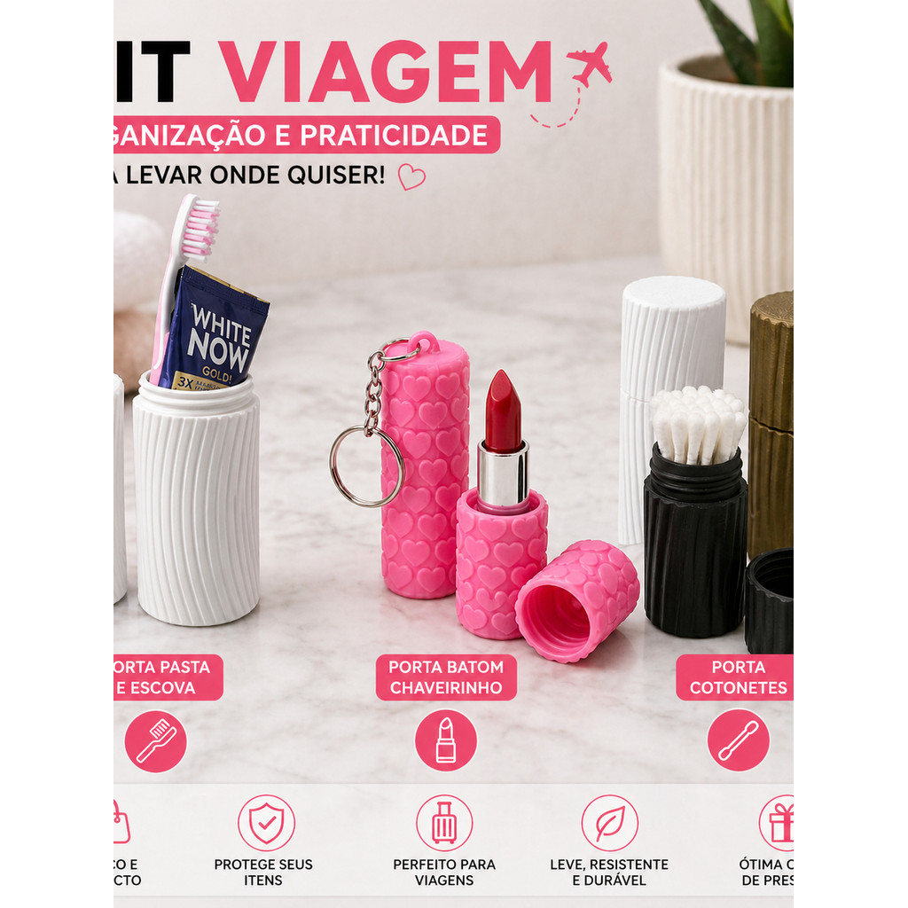 Kit Viagem 3 Peças Porta Escova Pasta Porta Batom Chaveiro Porta Cotonete Organizador Necessaire  organizador maquiagem
