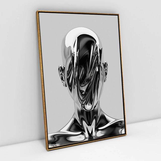 Quadro Futurista Mulher Metalizada Sem Rosto Espelhado Efeito 3D Escritório Exclusivo Vertical