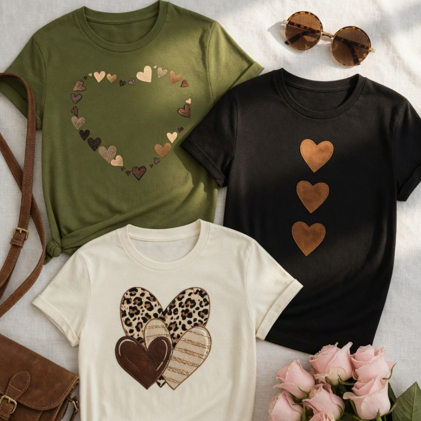 Kit 3 Camisetas Corações | Glitter + Corações Verticais + Animal Print | Estampas Exclusivas