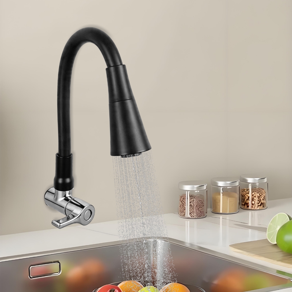Torneira Flexível Preta para Pia de Cozinha, Uso Exclusivo Água Fria, Versão Vertical Bancada e Horizontal Parede, Conex