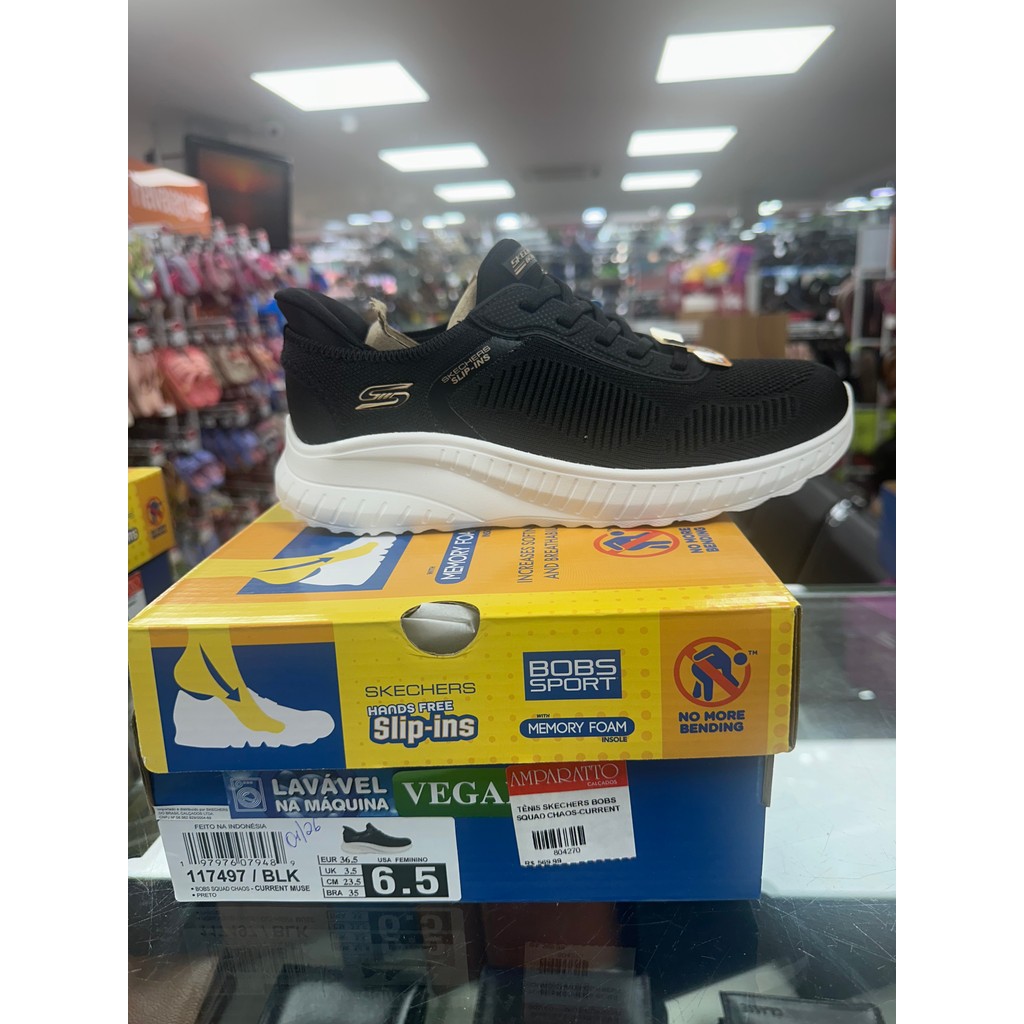 Tênis Skechers Feminino Bobs Squad Chaos Current Muse Calce Fácil Preto 117497
