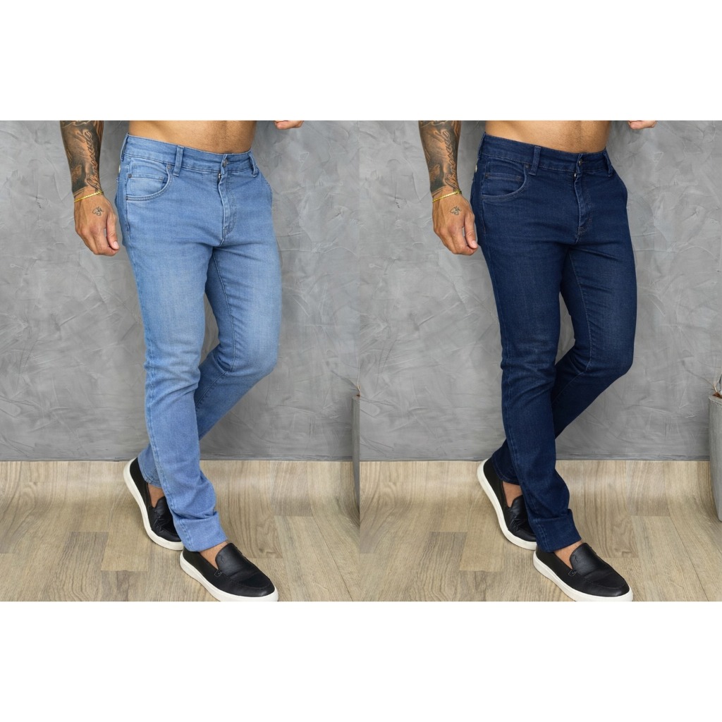 Kit Calças Jeans Masculina Slim Elastano Lavagem Moderna Escura e Médio