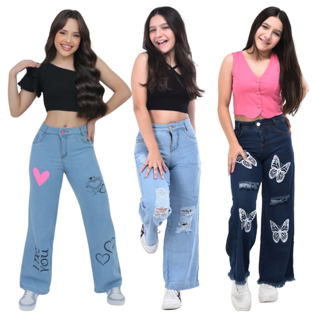 Kit 3 Calças Wide Leg Pantalona Premium Borboleta Escura, Lisa c/ Rasgo e Coração sem Rasgo
