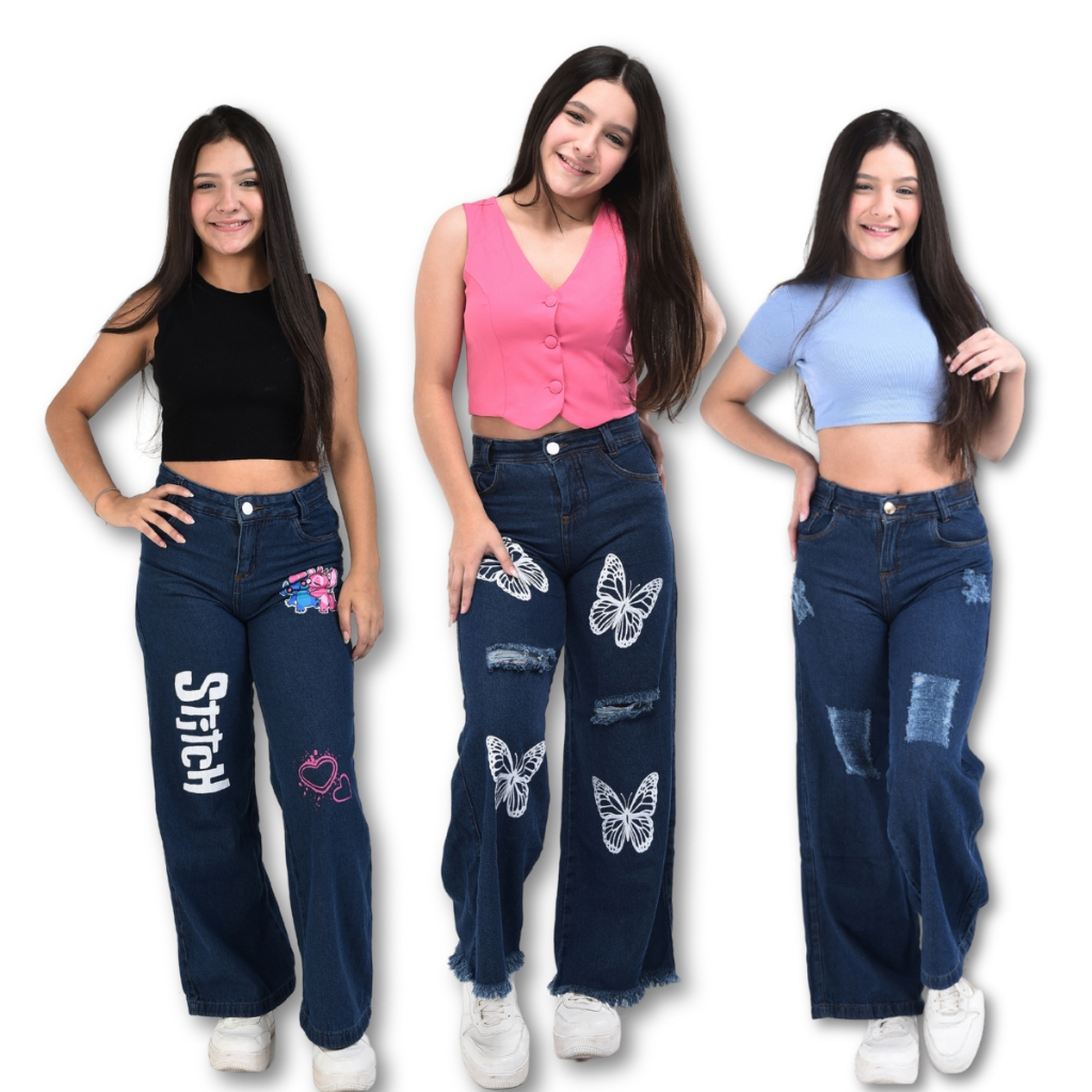 Kit 3 Calças Jeans Escura Wide Pantalona Blogueirinha Infantil
