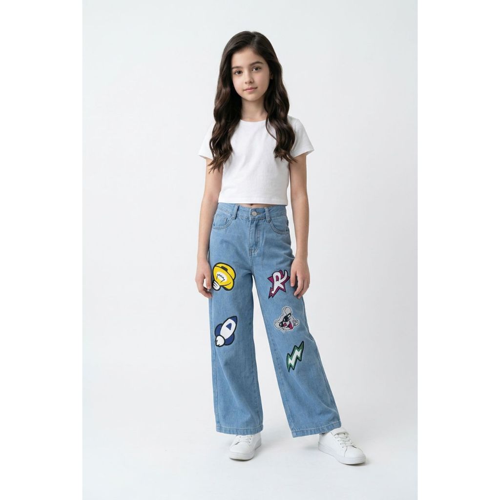 Calça Jeans Wide Leg  Folgada Infantil Lisa Escura Juvenil Menina