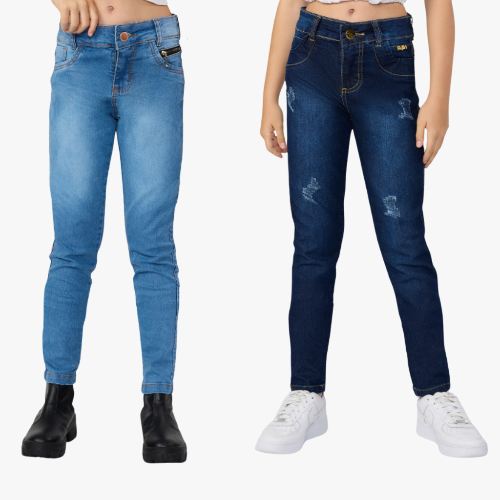 Combo 2 Calças Jeans Infantil Menina Cores Diferentes Clara e Escura Com Bolso Skinny Lycra