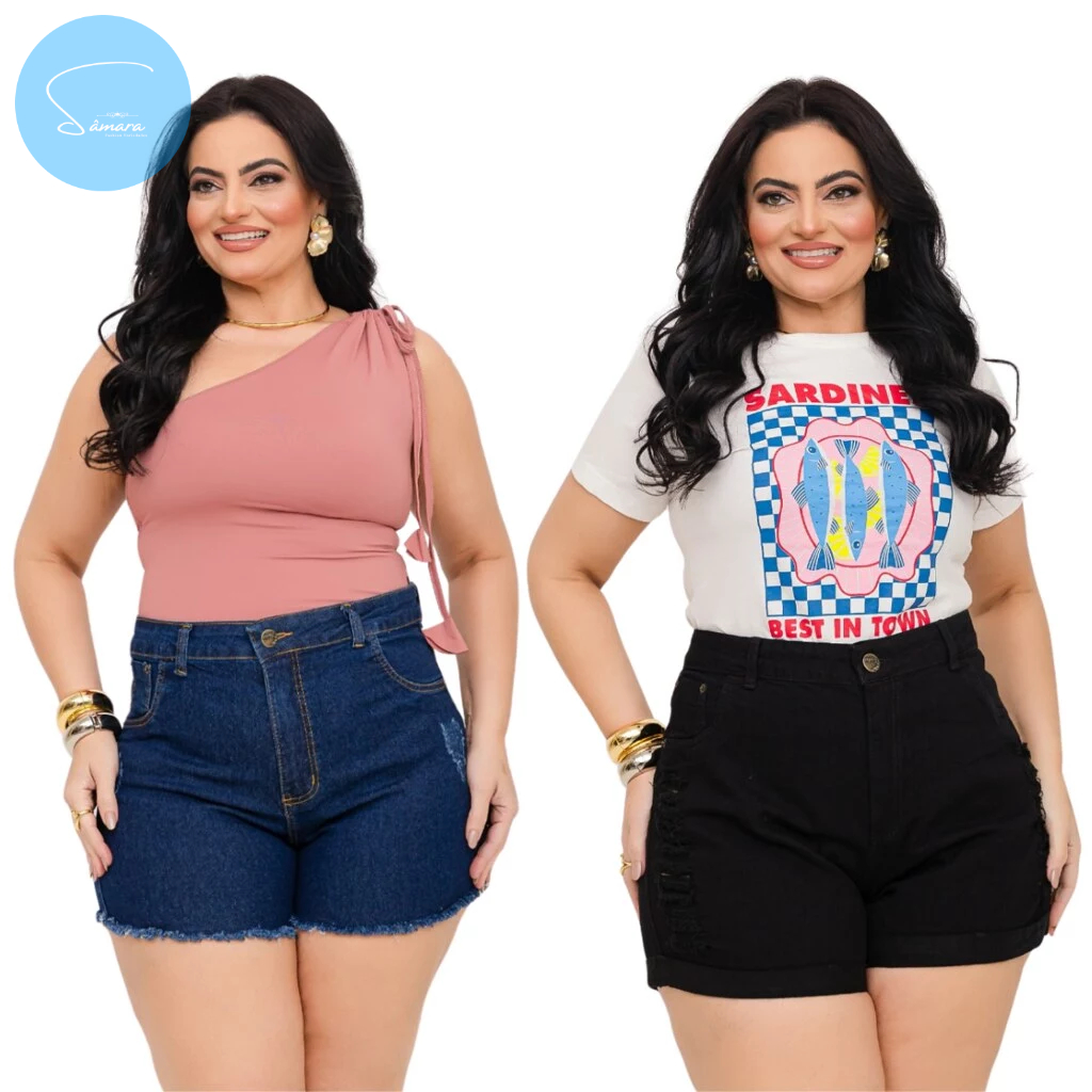 Kit 2 Shorts Jeans Femininos Plus Size Lavagens Escuras