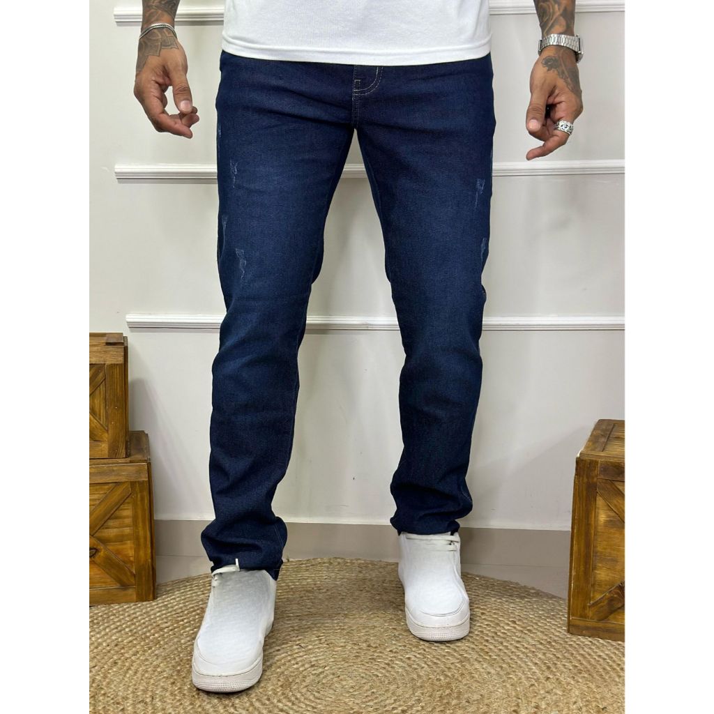 Calça Jeans Slim Masculina Tendência Básica Escura Com Elastano