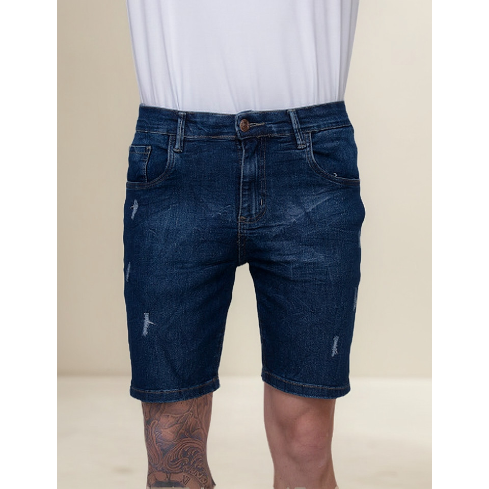Bermuda Jeans Masculina Escura Destroyed c/ Elastano | Slim, Conforto e Estilo Verão