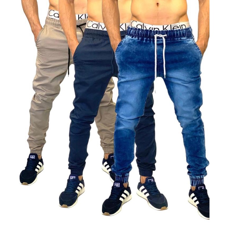 calça jogger masculina Rasgada e Lisa Sarja e Jeans do Preta Branca Bege Clara Escura kit com 3 und