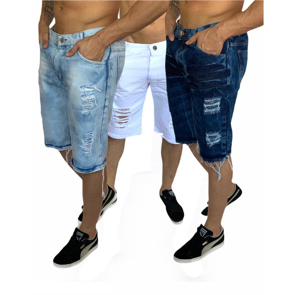 bermuda jeans masculina rasgada kit com 3 Jeans Clara, Branca e Escura em oferta