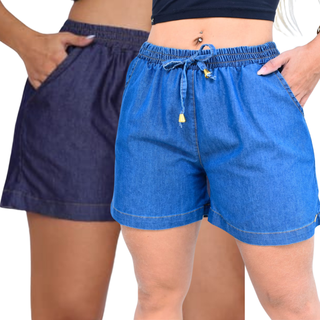 Short Jeans Feminino Soltinho Com Elástico Cintura Alta   Lavagem Clara e Escura Casual Verão