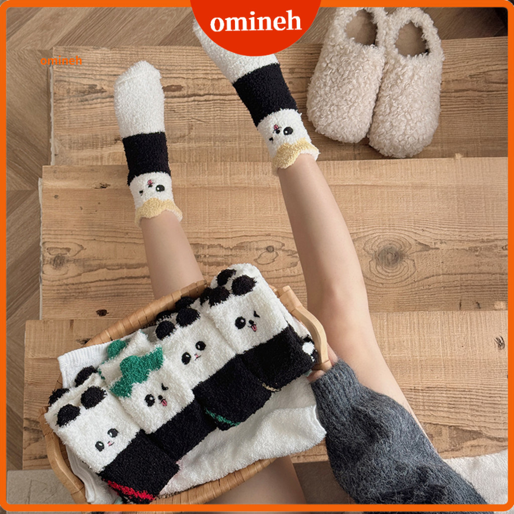Sweat Absorbent Socks Cozy Winter 5 Pairs Thickened Coral Velvet Warm Mid-calf Floor with Cute Cartoon Panda Design Soft