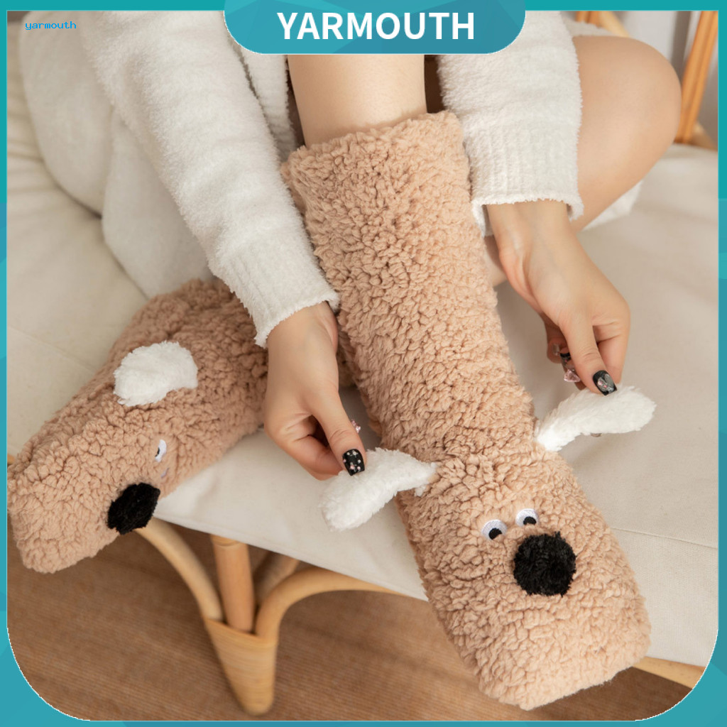 Warm Long Socks Cartoon Puppy 1 Pair Adult Winter Floor Thick Plush Anti-slip with Cute Dog Design Double Warmth Cozy fo