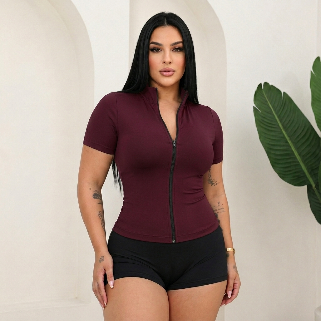 Jaqueta Fitness Feminina Manga Curta Suplex com Zíper P M G GG 36 ao 44 Diversas Cores Preto marrom bege vinho e azul