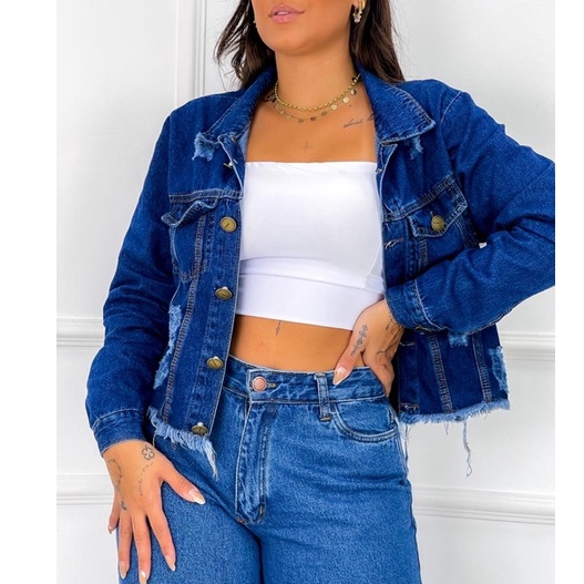 Jaqueta Jeans Bege Verde Feminina Curta Destroyed Outono Inverno Barata
