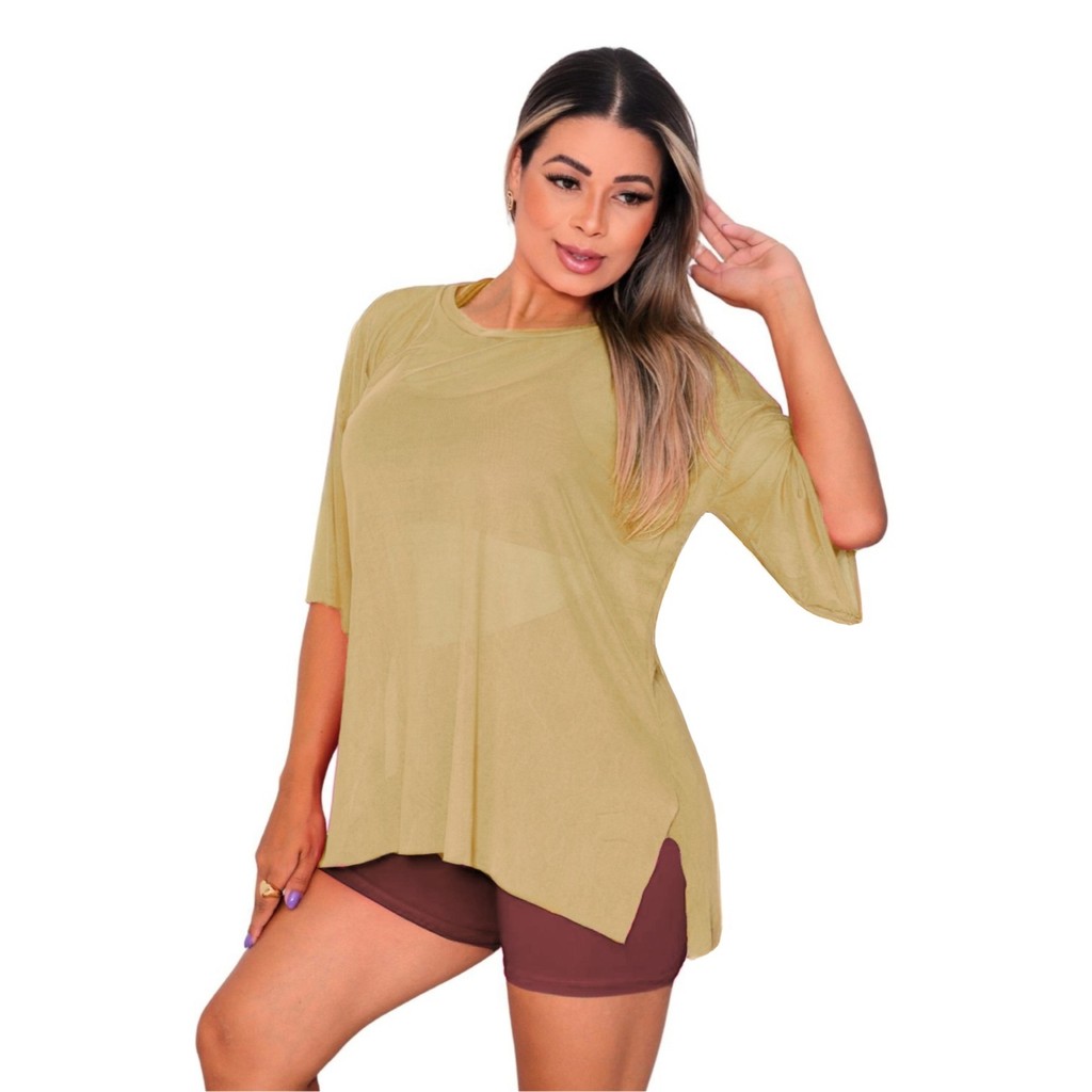 Blusa Tule Feminina Fitness Academia Manga Curta Bege