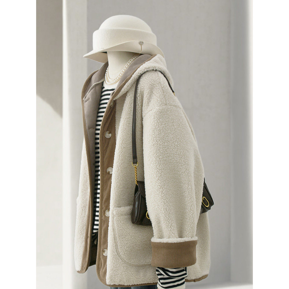 4U4U bege lã de cordeiro jaqueta curta feminina 2024 início da primavera novo estilo Preppy contraste cor costura com ca