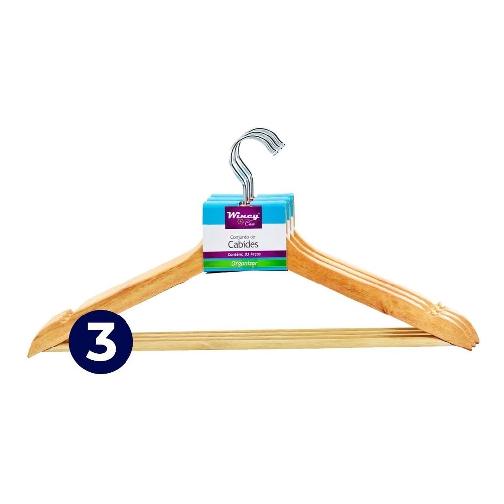 Kit 3 Peças de Cabides de Madeira Adulto Bege p/ Pendurar Camisas, Calças, Bermudas, Casacos e Roupas em Geral