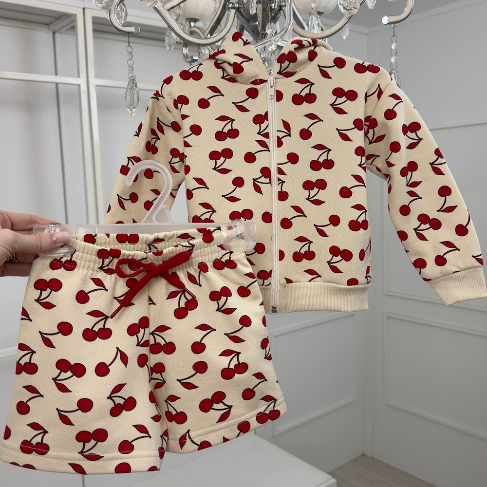 Conjunto Infantil Térmico Felpa Forrado Jaqueta Capuz Shorts Lacinho Cerejas Bege Vermelho