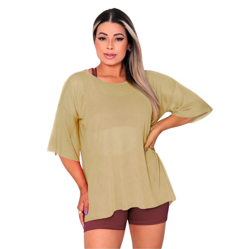 Blusa Tule Feminina Manga Curta Fitness Academia Bege