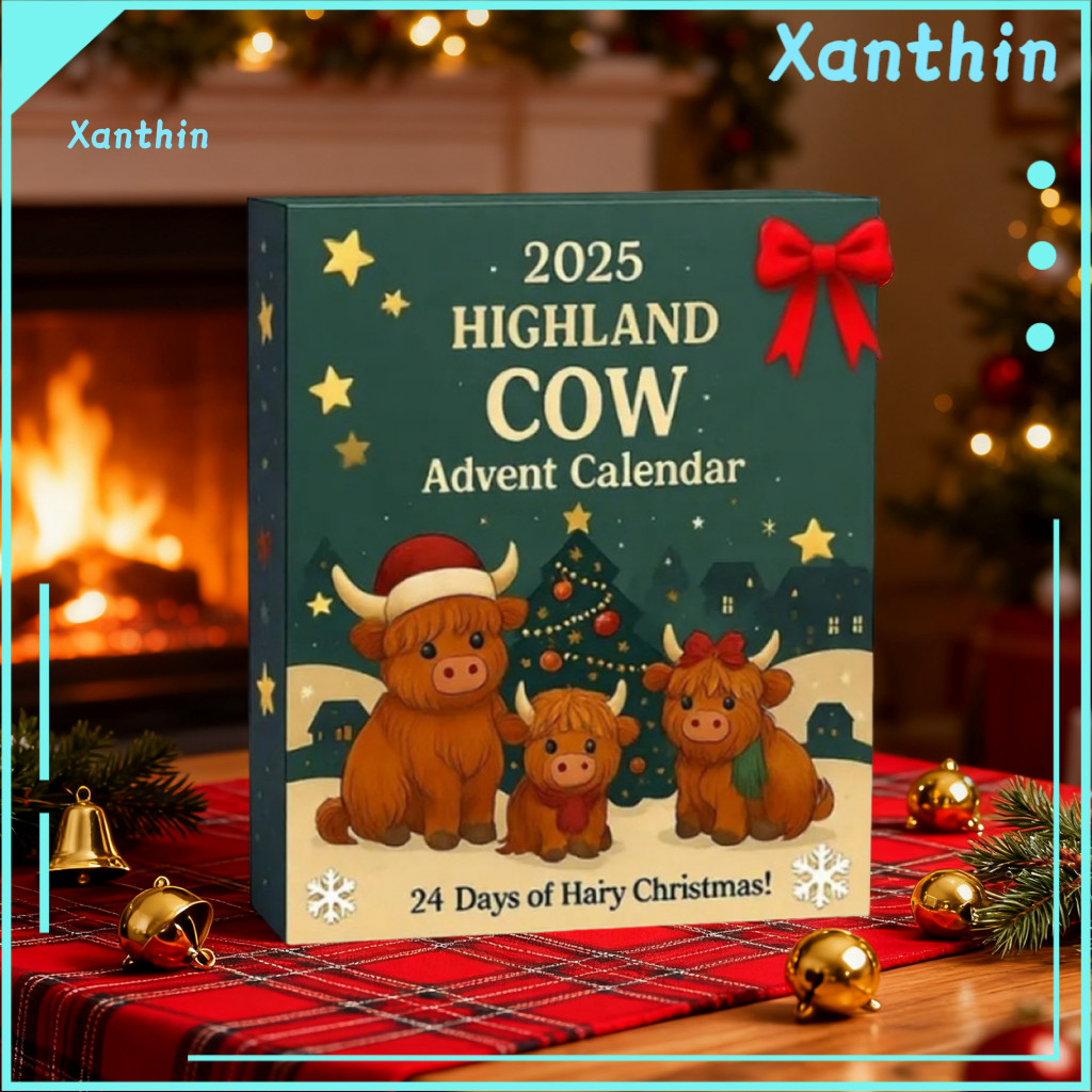 Christmas Countdown Calendar Holiday Decoration for Children Advent Box with Highland Cow Pendant – 24-day Ornament Fe