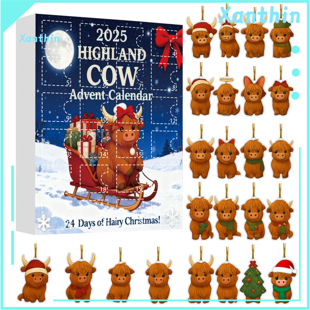 Advent Calendar for Kids Christmas Countdown Decoration Highland Cow 2025 24 Days Box with Ornaments for for Southeast