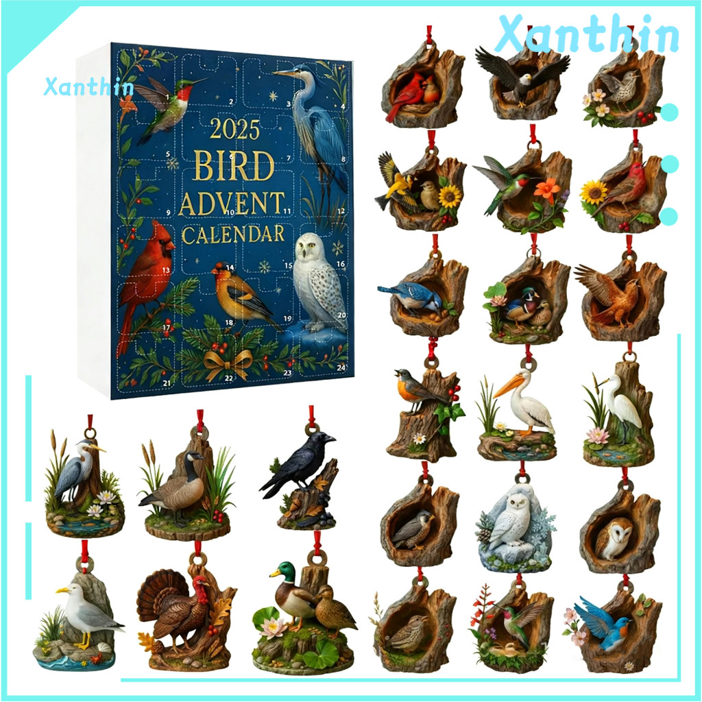 Miniature Bird Figurines 2025 Advent Calendar 24 Days Countdown Box with Realistic Ornaments – Christmas Tree Holiday